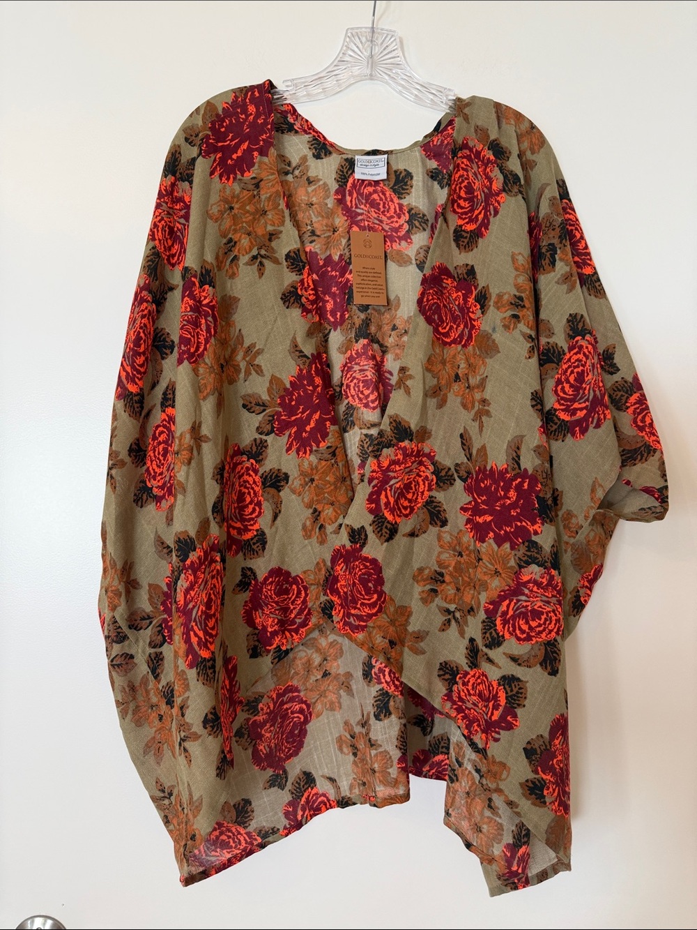 NWT Good Coast Floral Kimono Cardigan Pink Red Rose Boho Layering Coverup